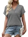 Detailed view of women's V-neck striped top with textured pineapple lattice knit - S / Tops / Black and White