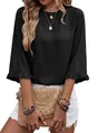 Macro view of black women's blouse featuring ruffle sleeve cuffs and round neckline detail - S / Tops / Black