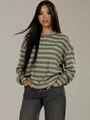 Full view of trendy oversized striped crewneck sweatshirt on model for autumn - S / Tops / Green