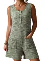 Close-up of green waffle knit sleeveless romper with button-down front and pockets - Army Green