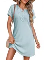 Light blue waffle knit casual tunic dress with lace V-neck detail and short sleeves - Light Blue