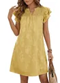 Close-up detail of yellow V-neck summer dress with ruffled sleeves and floral jacquard pattern - S / Top And Bottom / Yellow