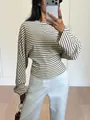 Detailed view of women's striped batwing long sleeve T-shirt with a chic round neck design - Off White Striped