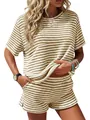 Conjunto casual de dos piezas de verano para mujer con top de rayas y cuello redondo - S / Top Y Pantalón / Caqui