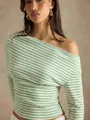 Close-up of green and white striped one-shoulder T-shirt showing ribbed fabric detail - S / Tops / Green