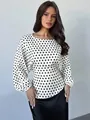 Detailed view of white polka dot satin blouse with elegant lantern sleeves for women. - S / Tops / White Polka Dot
