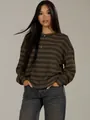 Details of brown oversized striped crewneck knit sweater with drop shoulder design - S / Tops / Coffee