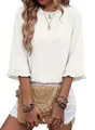 Close-up view of white round-neck summer blouse featuring stylish ruffled half-sleeves - S / Tops / White