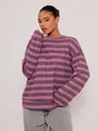 Close-up detail of oversized striped crew neck sweater in pink and purple tones - S / Tops / Pink