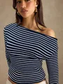 Stylish off-the-shoulder long sleeve T-shirt featuring navy and white stripes - Navy Blue
