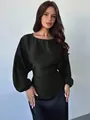 Close-up view of the elegant black satin long sleeve batwing blouse for women in autumn. - S / Tops / Black