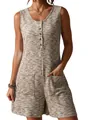Detailed macro view of waffle knit fabric and button design on women's sleeveless romper - S / Top And Bottom / Khaki