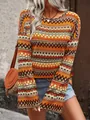 Close-up of bohemian colorful geometric pattern and texture on knit long sleeve top - S / Tops / Orange