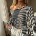 Detail view showing the unique pineapple flower texture of this striped long-sleeved top. - S / Tops / Black and White