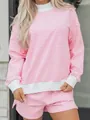 Detail of pink striped oversized sweatshirt set with white ribbed mock neck and cuffs - S / Top And Bottom / Pink