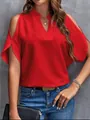 Close-up front view of a vibrant red V-neck cold-shoulder chiffon blouse worn by a model - S / Tops / Red