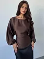 Elegant dark brown loose satin blouse with round neck and long batwing sleeves - S / Tops / Coffee