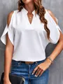 Close-up detail of white cold shoulder chiffon blouse with an elegant V-neckline - S / Tops / White