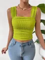 Detailed view of lime green smocked square neck sleeveless crop top for summer fashion - Olive Green