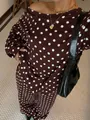 Chic dark brown polka dot loungewear set with off-shoulder sweatshirt and pants. - S / Top And Bottom / Coffee