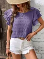 Detail of purple smocked top with double flutter sleeves and round neck - Purple