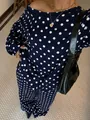 Stylish navy blue polka dot lounge set featuring off-shoulder top and matching pants. - S / Top And Bottom / Navy Blue