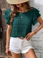 Detail showing the smocked texture and double ruffle sleeves of this teal casual blouse. - L / Tops / Teal Blue