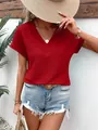 Chic women's red V-neck textured short sleeve blouse in a loose fit summer fashion style - XS / Tops / Red