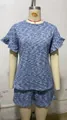 Completo due pezzi in maglia a nido d'ape blu con maniche a volant e pantaloncini - Taglia S / Top E Pantaloni / Blu