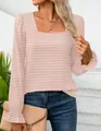 Elegant pink striped long sleeve T-shirt featuring a square neck and stylish ruffle cuffs - Pink