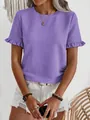 Detailed macro view of purple textured T-shirt featuring elegant ruffle sleeve design. - S / Tops / Purple