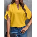 Detailed view of women's vibrant yellow V-neck cold-shoulder chiffon blouse in summer style - Yellow