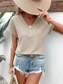 Stylish khaki V-neck textured short-sleeved t-shirt with unique pleated fabric detail - XS / Tops / Apricot