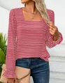 Elegant red and white striped square neck top featuring stylish ruffle cuffs and long sleeves - S / Tops / Red