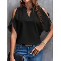 Stylish black V-neck cold shoulder chiffon blouse for women, summer casual style. - S / Tops / Black