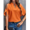 Elegant orange V-neck cold shoulder chiffon blouse for women's chic summer daily outfit - S / Tops / Orange Red