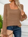 Chic square neck striped long-sleeve T-shirt featuring elegant flared ruffle cuffs - Dark Brown