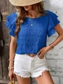 Casual electric blue round neck top with double ruffle sleeves and smocked texture design - S / Tops / Blue