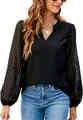 Close-up of black V-neck chiffon blouse with elegant sheer patterned lace sleeves - S / Tops / Black