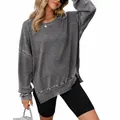 Sudadera casual de punto de gofre para mujer con manga larga, aberturas laterales y cuello redondo - S / Tops / Gris