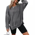 Sudadera casual de punto de gofre para mujer con manga larga, aberturas laterales y cuello redondo - S / Tops / Gris