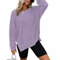 Sudadera de punto gofrado lavanda de manga larga con cuello redondo y aberturas laterales - S / Tops / Púrpura