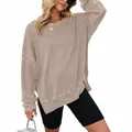 Stijlvolle dameswafelgebreide sweatshirt in kaki met ronde hals en zijsplitjes herfst - Khaki