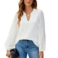Elegant white V-neck chiffon blouse with sheer chevron pattern lantern sleeves - S / Tops / White