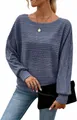Close-up of blue ribbed knit top with batwing sleeves and round neck detail. - Blue
