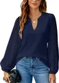 Elegant navy blue V-neck chiffon blouse featuring textured sheer lace long sleeves for women - S / Tops / Navy Blue