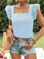 Detail view of blue and white gingham square neck top with ruffle sleeves for summer - Light Blue