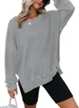 Grijze casual wafelgebreide sweatshirt met ronde hals en zijsplitten voor dames - Lichtgrijs