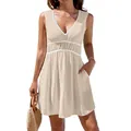 Vestido playero de verano beige sin mangas con escote en V, encaje festoneado y bolsillos - Albaricoque
