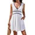 Elegante vestido playero de verano blanco sin mangas con cuello en V y encaje negro - S / Top Y Pantalón / Blanco
